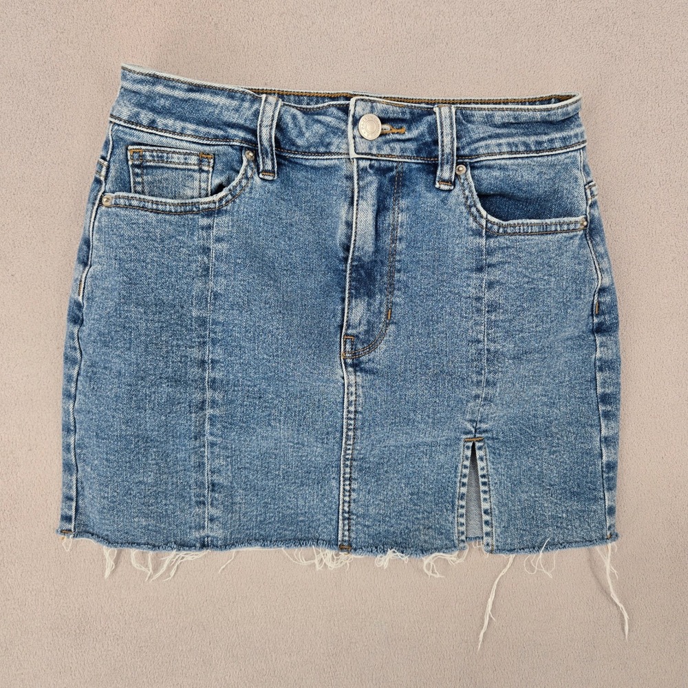 PacSun Womens 24 Denim Mini Skirt Blue Raw Hem Slit Y2K Grunge Festival